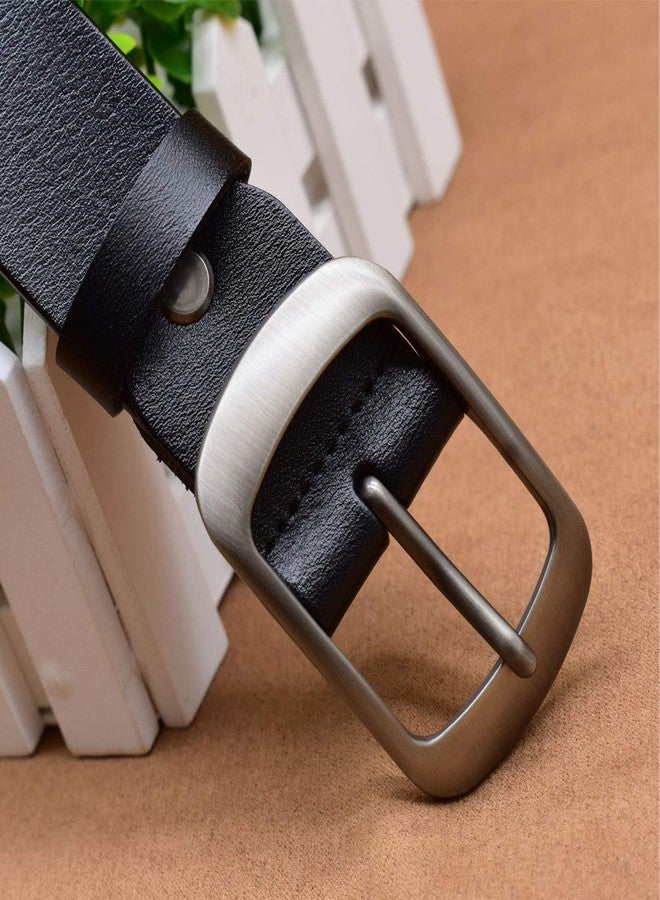 VONSELY Soft Wide Leather Belt for Jeans Shorts, Classic Plain Pattern Trousers Leather Belt with Metal Buckle, Black Belt 115CM - Image 2